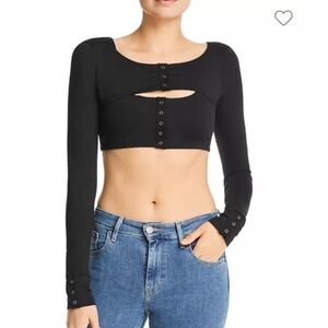For Love & Lemons Avril Snap Layered Long Sleeve Crop Top Set Black Size XS